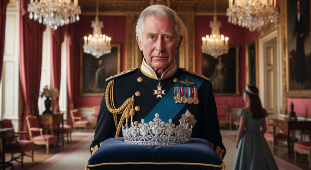 Fury as King Charles Gives Diana’s Tiara to Charlotte 1 King Charles in a suit addressing a crowd from a balcony with a flag and ornate building.