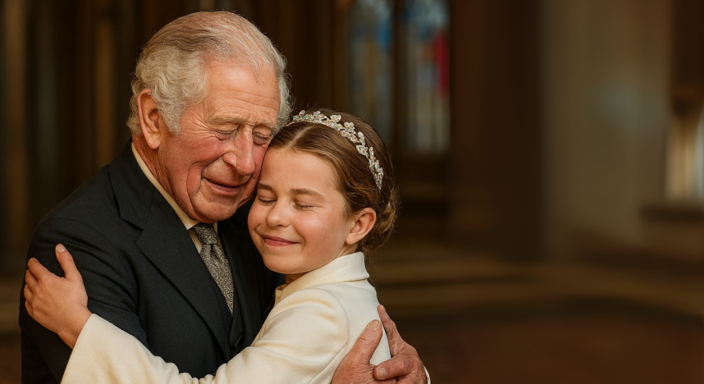 Fury as King Charles Gives Diana’s Tiara to Charlotte 2 King Charles III hugging a Princess Charlotte in a room with stained glass.